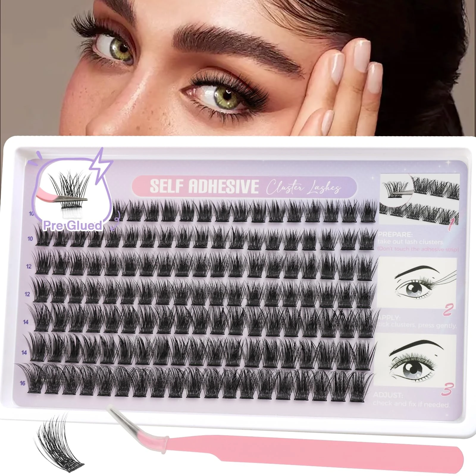 Sixstarhair Pre Glued Cluster Lashes 133pcs Self Adhesive Eyelashes Individual Kit with Tweezers No Glue Needed Press on Lashes Reusable Volume Lashes Individual Cluster Easy to Use 10-16mm