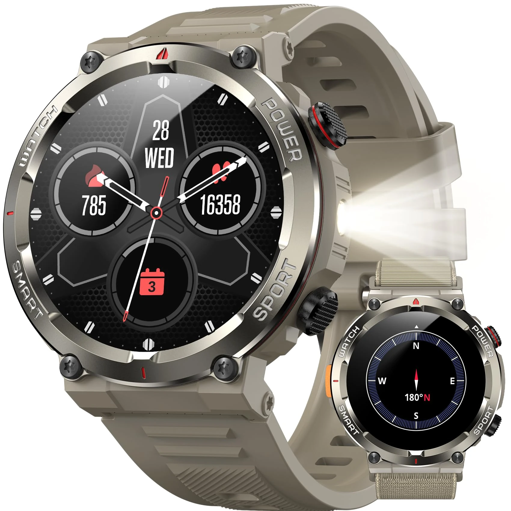 Military Smart Watch for Men（Bluetooth Calling）, Fitness Watch with Flashlight,Compass,960mAh Battery,120+ Sports,SpO2 Heart Rate Sleep Monitor,Step Counter,IP68 Waterproof Smartwatch for iOS Android