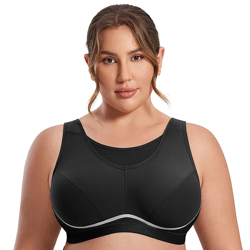 Women's High Impact Sports Bra Plus Size Wirefree Non-Padded Full Figure Bra, Black, 38E