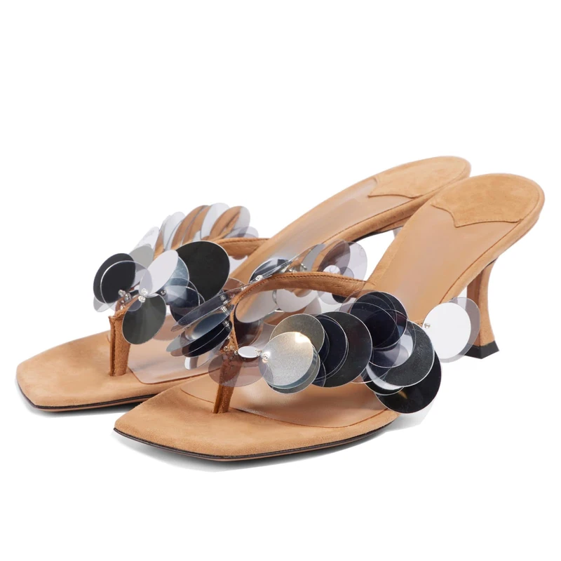Goolita Women's Suede Sequin Stiletto Heels Flip Flops Open Square Toe Strappy Thong Slide Heeled Sandals Comfort Prom Party Mules Heels, Brown, 4.5 UK