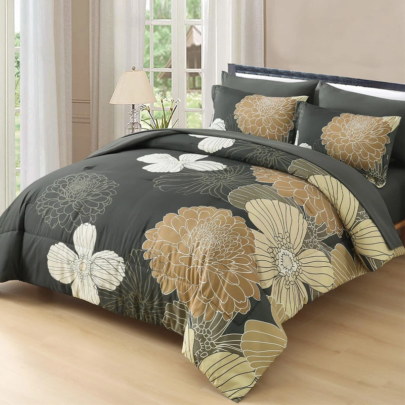 Yiran Queen Khaki Grey Brown Comforter Set - 7 Pieces Floral Bedding Sets,Bed in a Bag Soft Microfiber Comforter with Flat Sheet Fitted Sheet Pillowshams Pillowcases