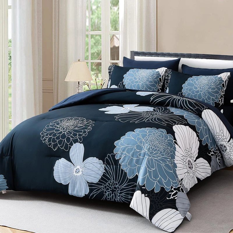 Yiran Navy Blue Bed in a Bag Comforter Set Queen 7 Pieces Floral Bedding Set for Bed,Soft Microfiber Flowers Comforter with 1 Flat Sheet 1 Fitted Sheet 2 Pillowshams