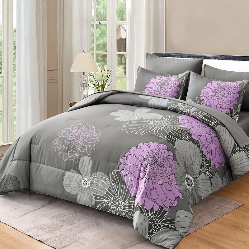 Yiran Cal King Comforter Set -7 Pieces Purple Grey Floral Comforter Set for All Seasons,Bed in a Bag Cal King Flowers Comforter with Flat Sheet Fitted Sheet Pillowshams Pillowcases