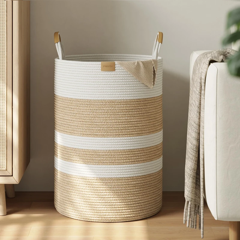 Nunsino 95L Striped Laundry Hamper with Leather Handles,Large Foldable Laundry Basket for Clothes,Cotton Rope Storage Bin for Blankets,Woven Clothes Basket for Bedroom,Beige Stripes