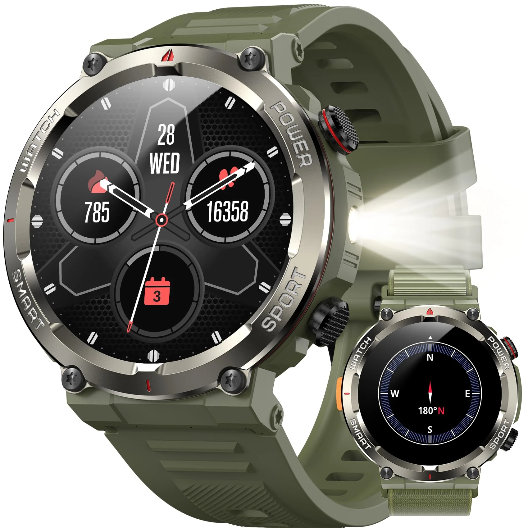 Military Smart Watch for Men（Bluetooth Calling）, Fitness Watch with Flashlight,Compass,960mAh Battery,120+ Sports,SpO2 Heart Rate Sleep Monitor,Step Counter,IP68 Waterproof Smartwatch for iOS Android