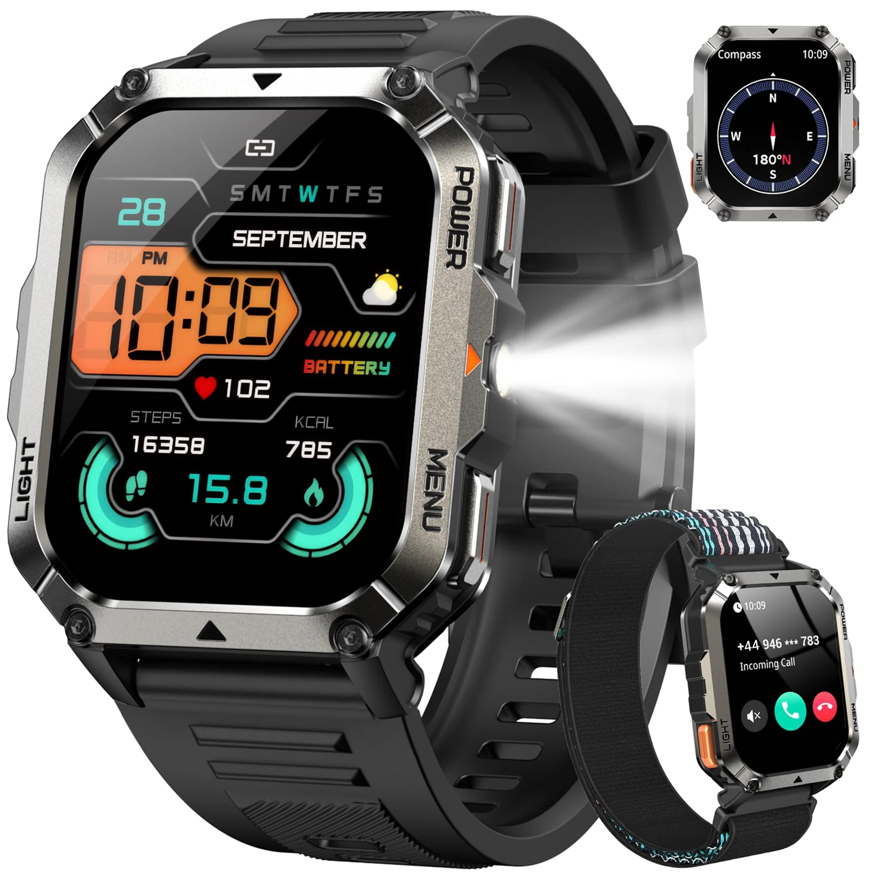 Military Smart Watch for Men(Answer/Make Calls),2.01"Fitness Watch with Compass/Flashlight/100 Days Battery/Heart Rate/SpO2/Sleep Monitor/100+ Sports/IP68 Waterproof,Outdoor Smartwatch for Android iOS