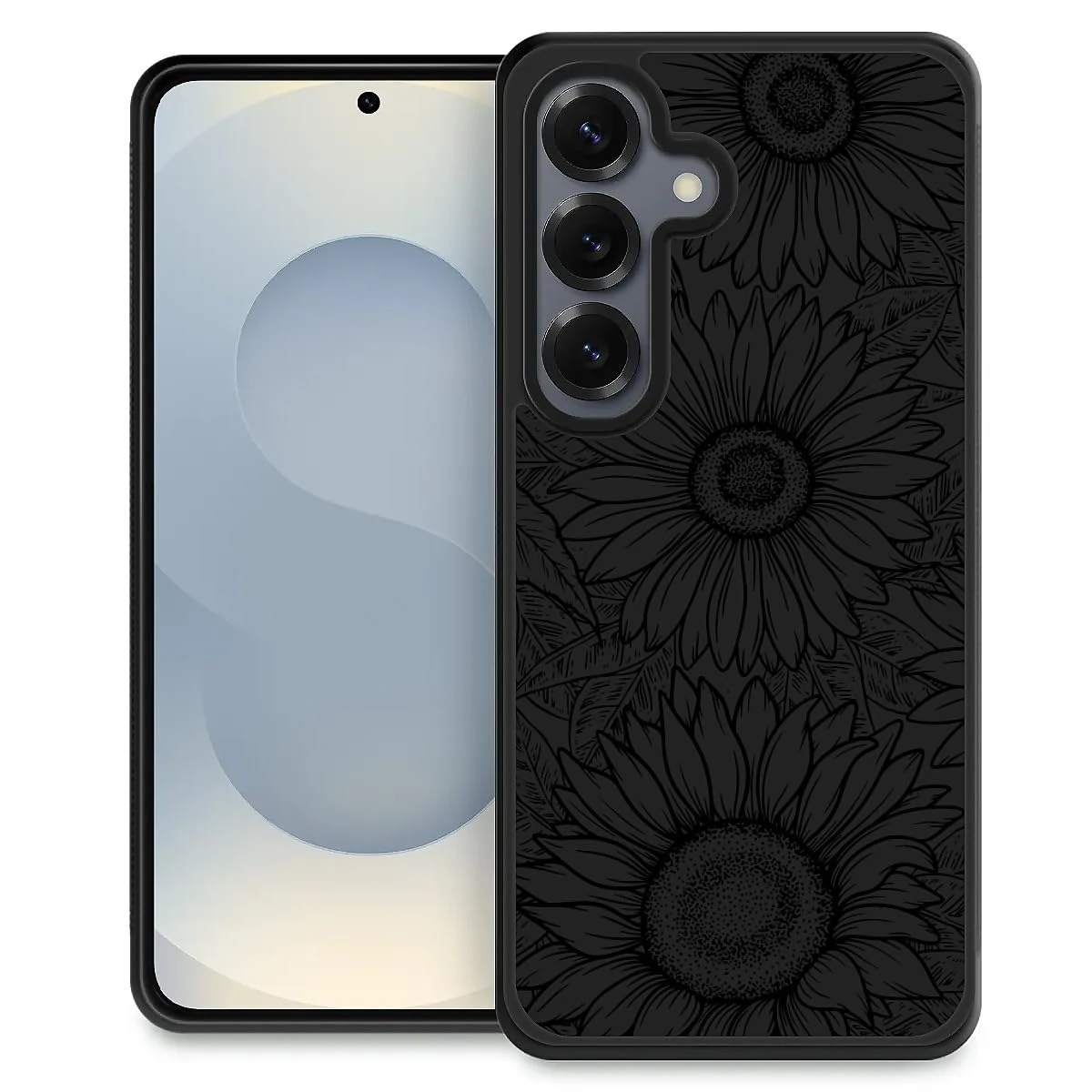 artslion Compatible with Samsung Galaxy S24 Case Black Round Anti-Slip Shockproof Cell Phone Case -Black sunflower motifs