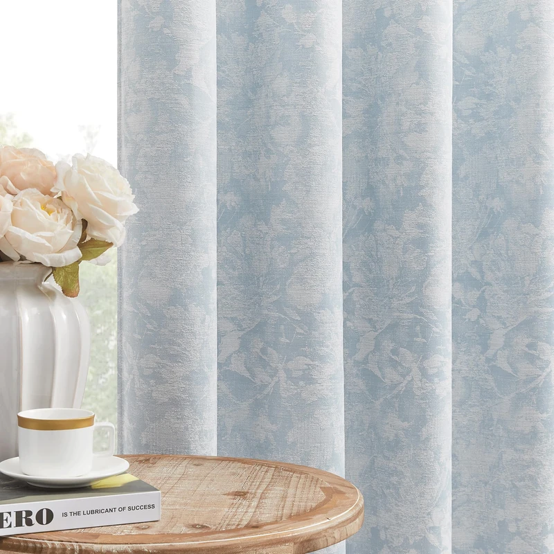Beauoop Blue Floral Jacquard Blackout Curtains for Bedroom 52x72 2 Panels