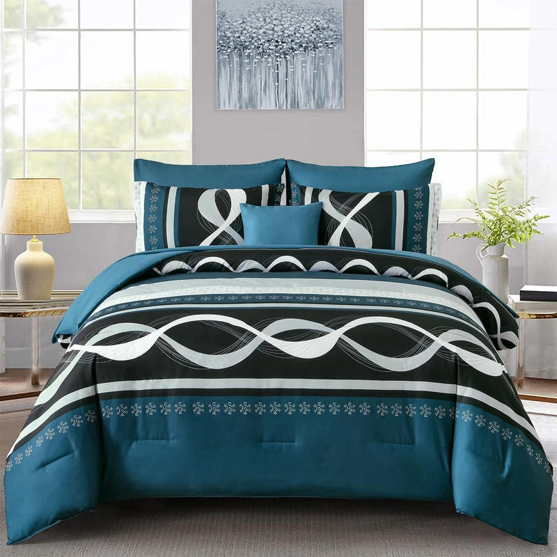 Anibedding Comforter Set Queen Size, 8 Piece Teal Boho Bed in a Bag, Striped Patchwork Comforter Bedding Set for All Season(90"×90")