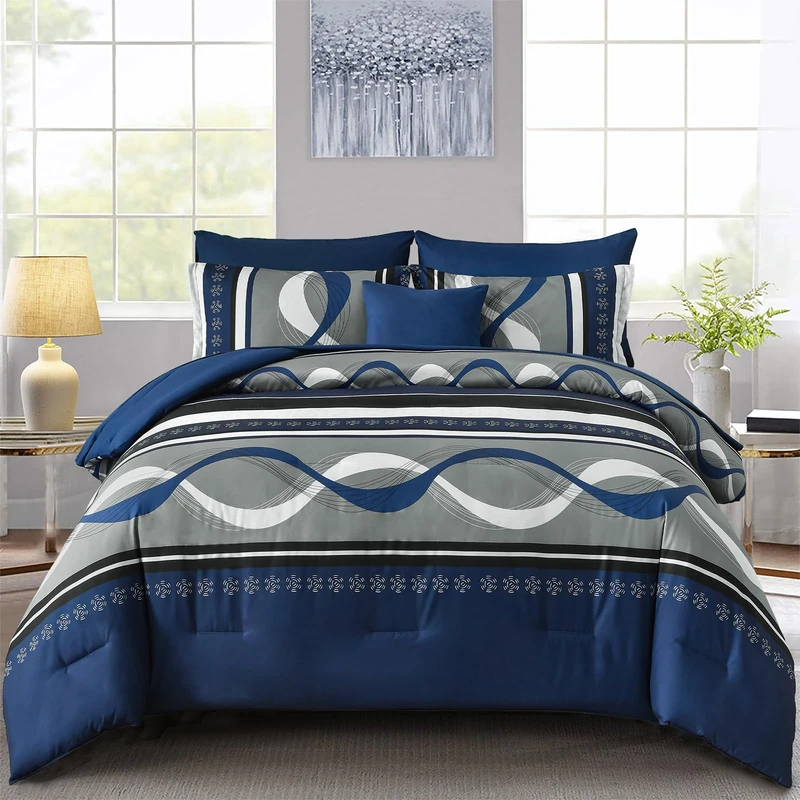 Anibedding Navy Blue Comforter Set Queen Size,8 Pieces Boho Bed in a Bag Patchwork Striped Comforter Set, Soft Microfiber Bedding Set for All Season(90"×90")