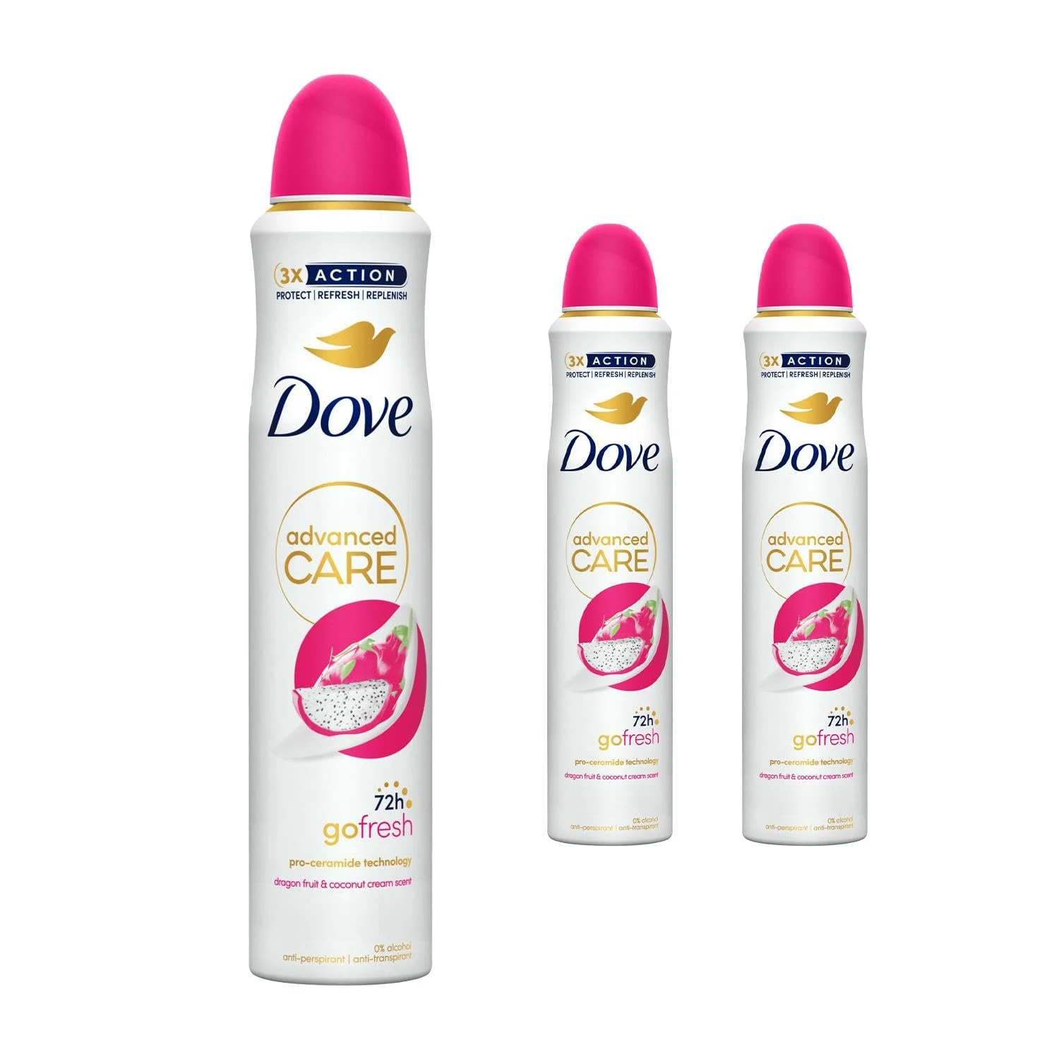 Dove Advanced Care Go Fresh Anti-Perspirant Aerosol Deodorant Spray for Women Dragonfruit & Coconut Cream, Pack of 3, 72 Hours Sweat Protection Pro-Ceramide Technology, 200 ml