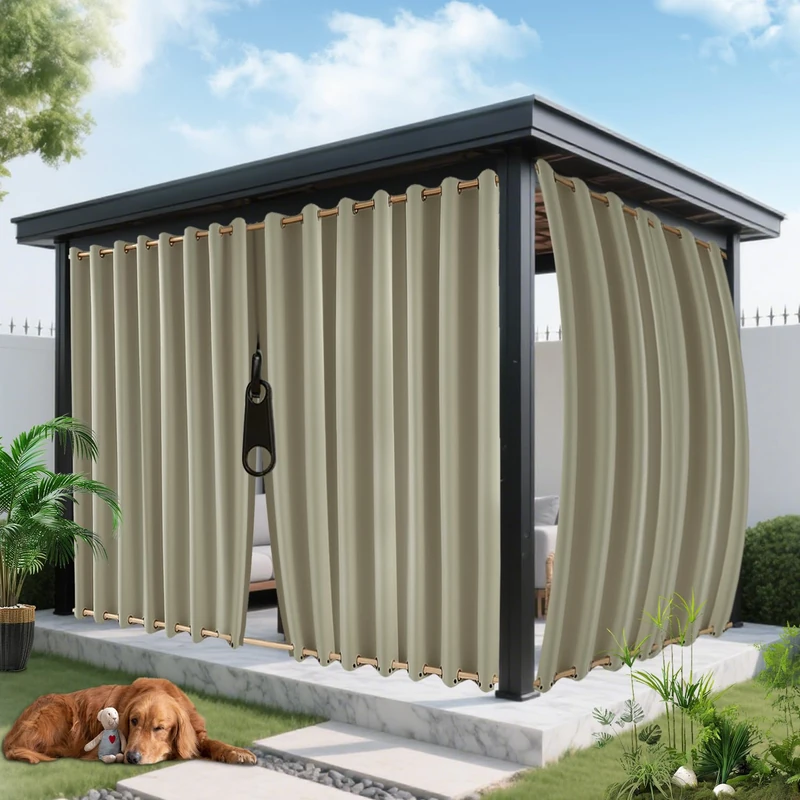 ROFASVCO Outdoor Curtains for Patio Waterproof, Zipper Design 2 Panels Privacy Weatherproof Blackout Curtain Top & Bottom Grommet Outside Drapes for Porch Gazebo Pergola (110 x 108 inch, Khaki)