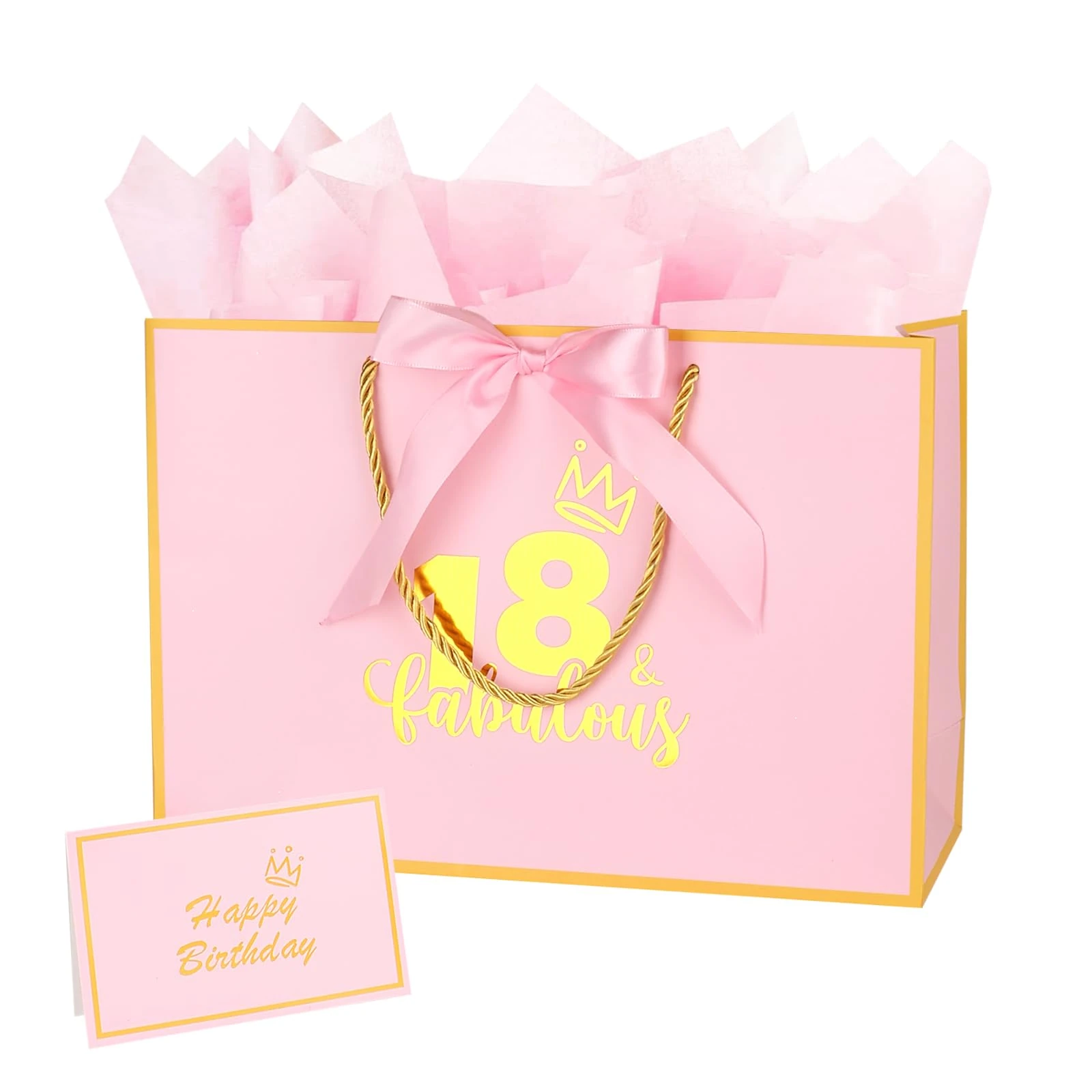 12.6Inch 18th Birthday Gift Bag with gift Card and Tissue Paper for Girl's 18th Birthday Supplies (Pink 18th)