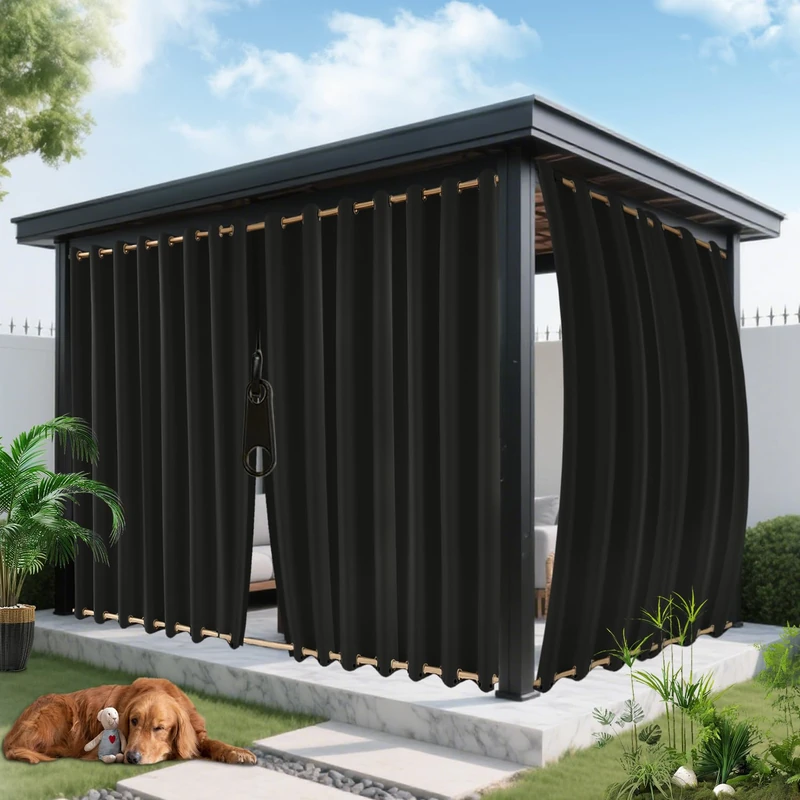 ROFASVCO Outdoor Curtains for Patio Waterproof, Zipper Design 2 Panels Privacy Weatherproof Blackout Curtain Top & Bottom Grommet Outside Drapes for Porch Gazebo Pergola (54 x 84 inch, Black)