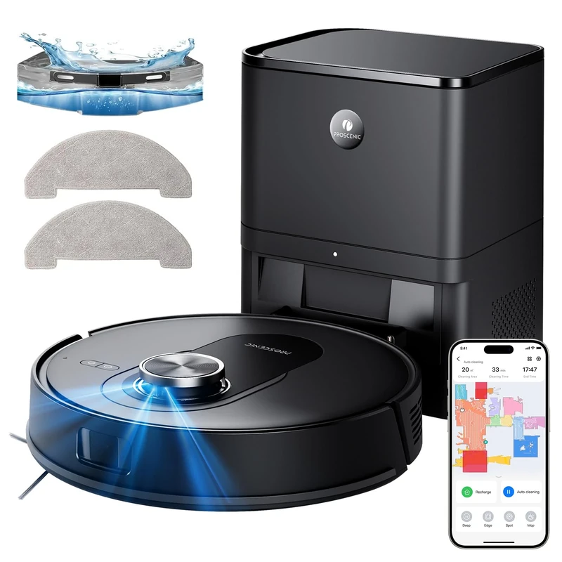 proscenic Q8 Robot Vacuum Cleaner Washer, 6000Pa 200Mins Robot Vacuum Cleaner, ABS, Black
