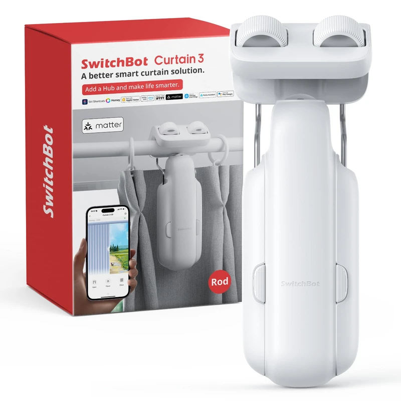 SwitchBot Smart Automatic Curtain Opener for Curtain Rods, Bluetooth App & Timer Control, Quiet Motor for Heavy Curtains (33 lbs), Works with Alexa, Google Home & Apple Home (Hub Required)