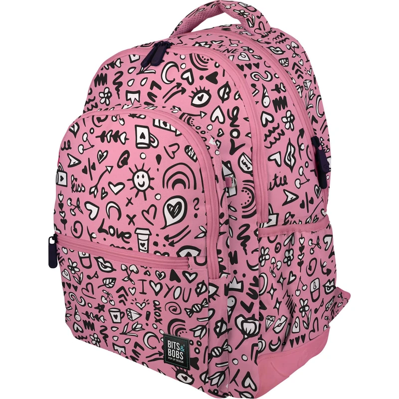 Grafoplás - Ergonomic School Backpack, 33 x 46 x 22.5 cm, Padded Back and Handles, 3 Compartments, Special Portable Zone, Adaptable to Trolley, Rubber Model, I Love You Design, Bits&Bobs Collection