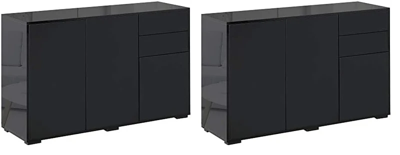 HOMCOM High Gloss Frame Sideboard, Side Cabinet, Push-Open Design with 2 Drawer for Living Room, Bedroom, Black (Pack of 2)