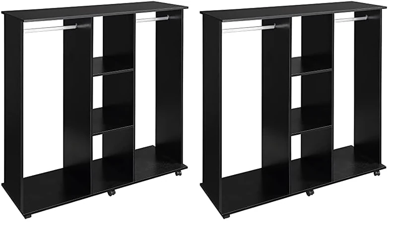 HOMCOM Double Open Wardrobe on Wheels, Bedroom Wardrobe with Clothes Hanging Rails, 3 Storage Shelves, Mobile Garment Rack for Cloakroom, Hallway, Black (Pack of 2)