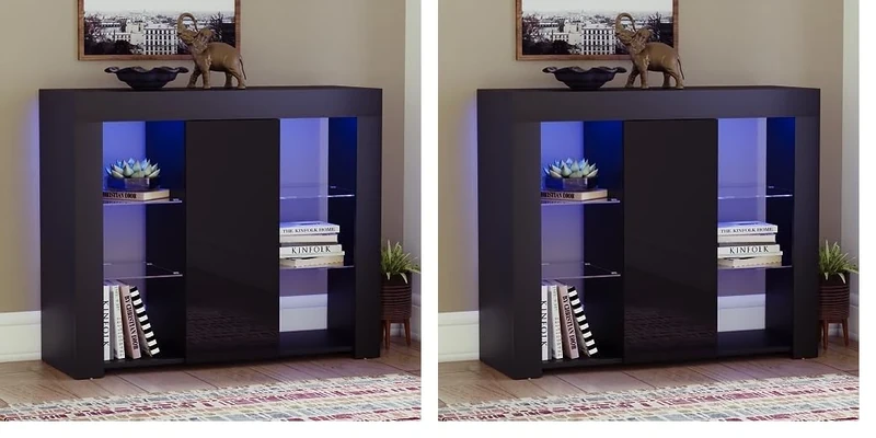 Vida Designs Large Azura 1 Door Modern LED Sideboard in Black, RGB Lights (Fade/Strobe Options Included), High Gloss (Pack of 2)