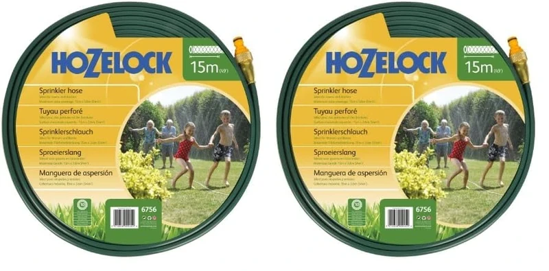 HOZELOCK - Flat Sprinkler Hose 15 m : Perforated Hose Producing a Fine Spray Like a Sprinkler, for Watering Narrow, Long Surfaces (27 m²), Ready to Use [6756P0000] (Pack of 2)