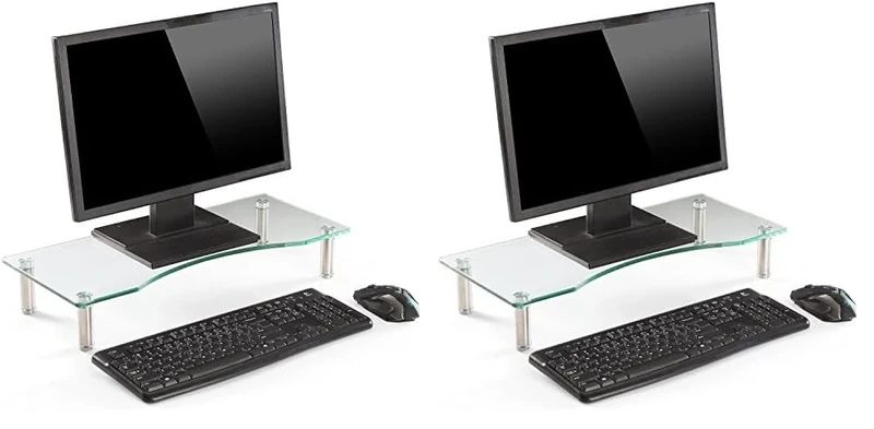 Ttap Clear Glass Monitor Stand / Laptop & Computer TV Screen Riser / Height Adjustable 56cm L x 24cm D x 9cm H (Clear) (Pack of 2) - Image 1