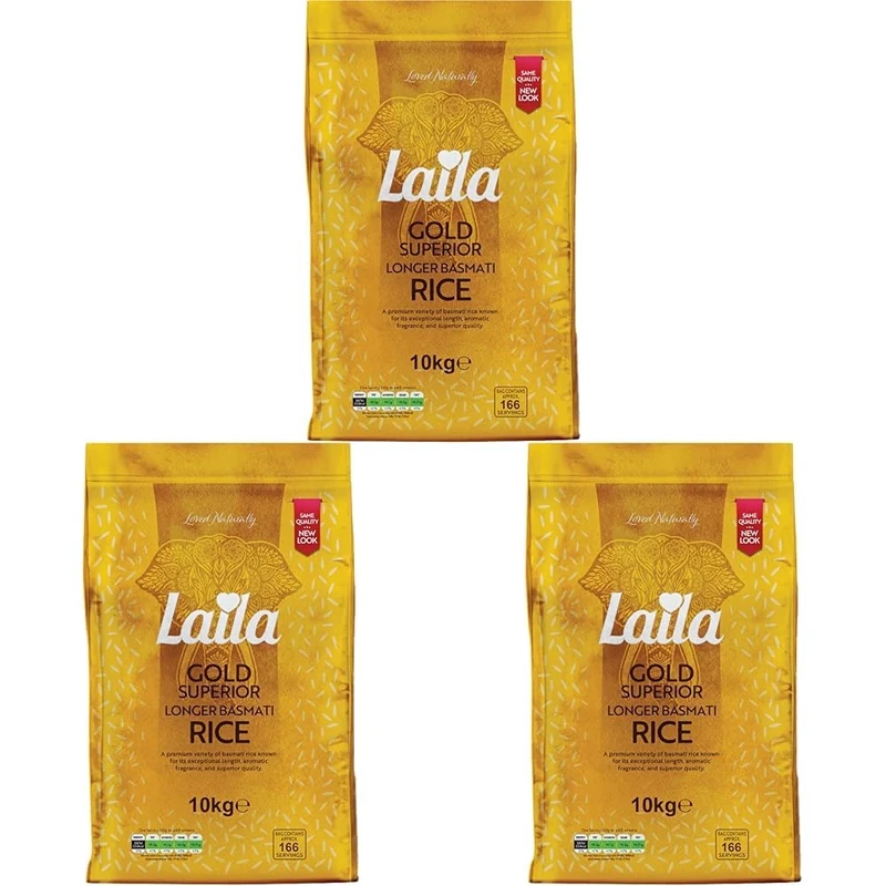 Laila Longer Basmati Rice 10Kg, Fluffy and Aromatic Rice Basmati Style, Rice With Long Grain, Gluten Free Rice for Curry, Biryani or Pilaf, 10Kg Basmati Rice (Pack of 3)