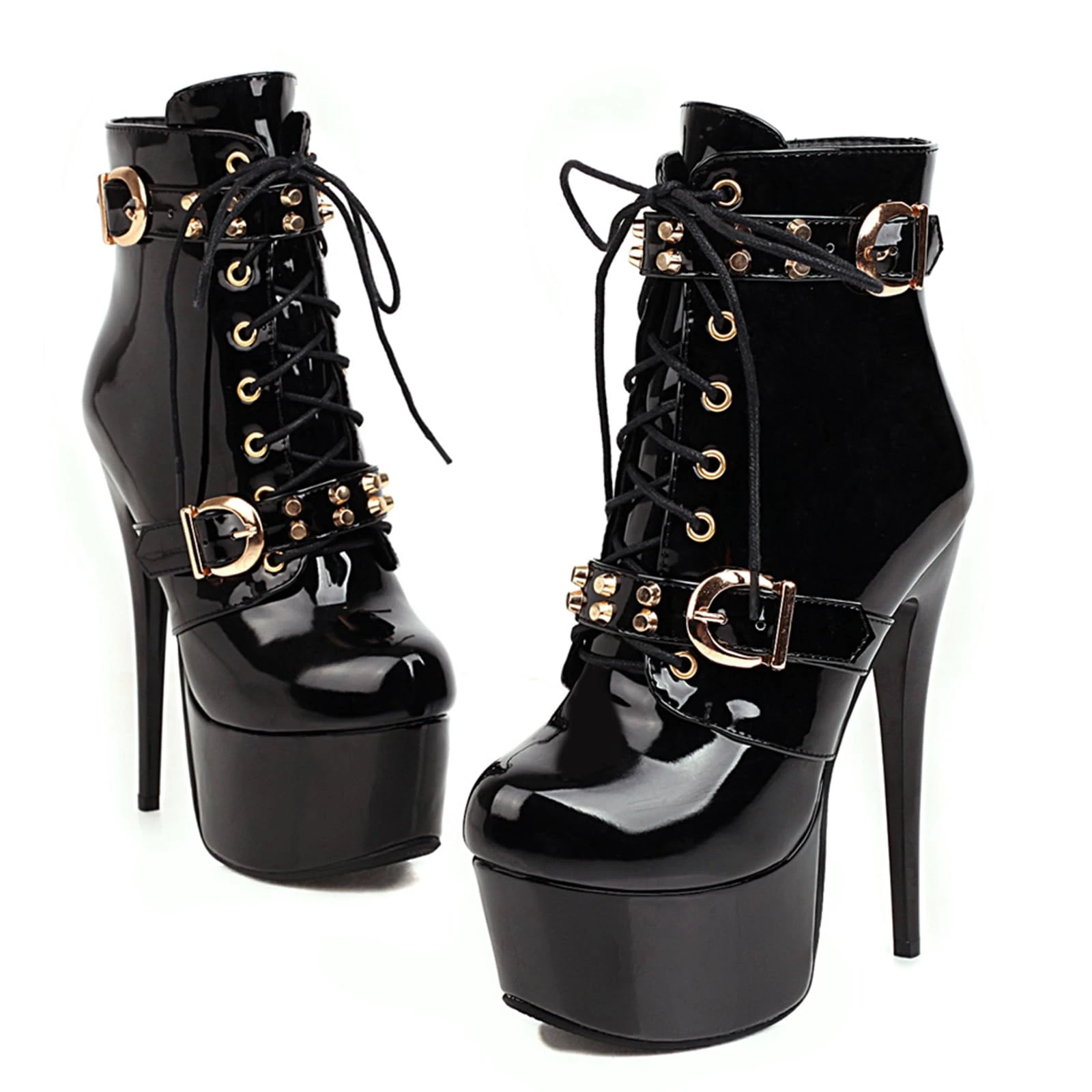 Ceciloroda 15.5cm Ultra-High Stiletto Pole Dance Shoes Platform Combat Booties Lace up Ankle Boots Stripper Heels for Women Exotic Patent Black Size 48