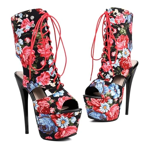 Ceciloroda 15.5cm Ultra-High Stiletto Heels Pole Dance Shoes Platform Sandals Lace up Ankle Wrap Stripper Heels for Women Exotic Patent Red Size 45