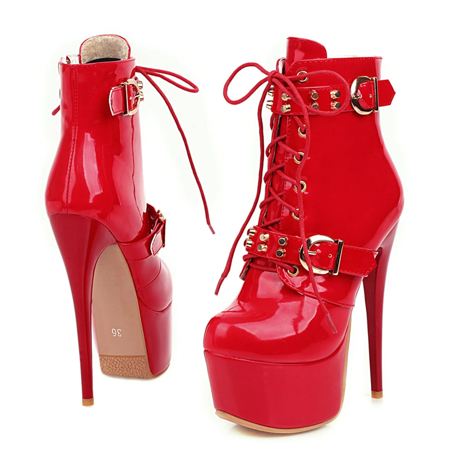 Ceciloroda 15.5cm Ultra-High Stiletto Pole Dance Shoes Platform Combat Booties Lace up Ankle Boots Stripper Heels for Women Exotic Patent Red Size 48