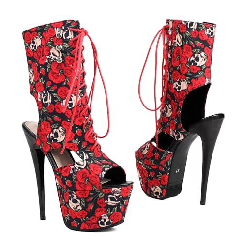 Ceciloroda 15.5cm Ultra-High Stiletto Heels Pole Dance Shoes Platform Sandals Lace up Ankle Wrap Stripper Heels for Women Exotic Patent Red Size 45