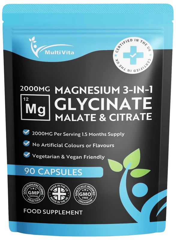Magnesium Glycinate 3-in-1 Complex 2000mg – Triple Magnesium Blend with Bisglycinate, Malate & Citrate – 425mg Elemental – 90 Vegan Capsules – High Strength & High Absorption – UK Made Supplement