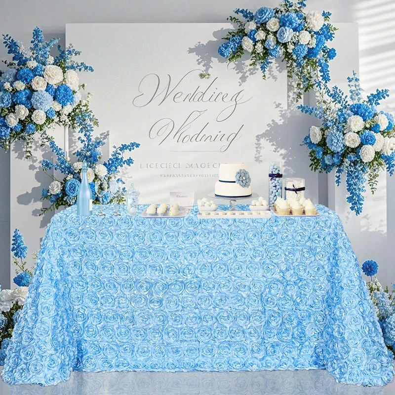 90x156 Inch Light Blue Tablecloth 3D Floral Rosette Satin Table Cloth