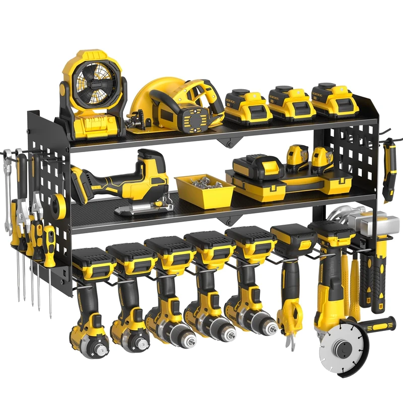 Yeabett 3 Layer Power Tool Storage, Tool Rack for 7 Drill Holders, Heavy Duty Wall Mounted Rack for Garage, Home, Workshop (Black)
