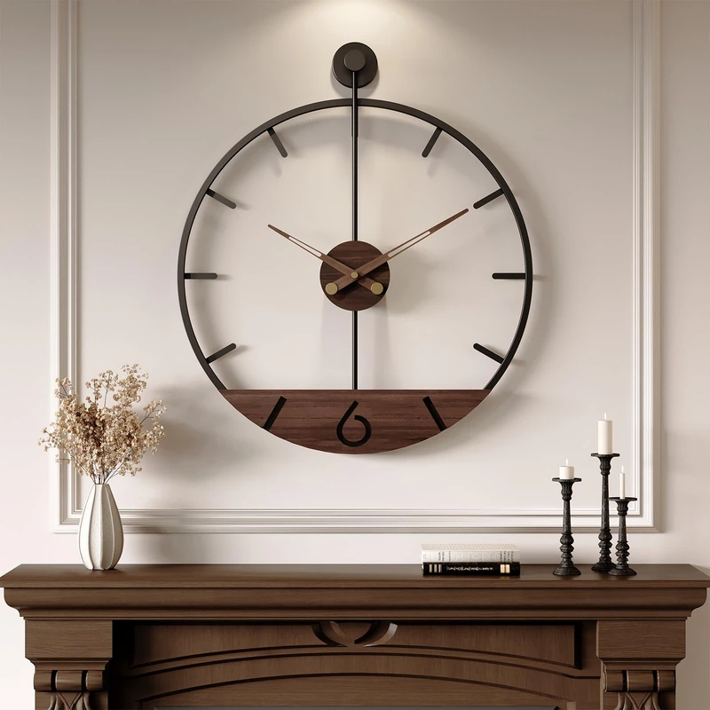 Cuspin 30 Inch Large Wall Clock for Living Room Decor, Walnut Wood Dial with Metal Frame, Silent Non Ticking Wall Clock Battery Operated for Kitchen, Office, or Bedroom