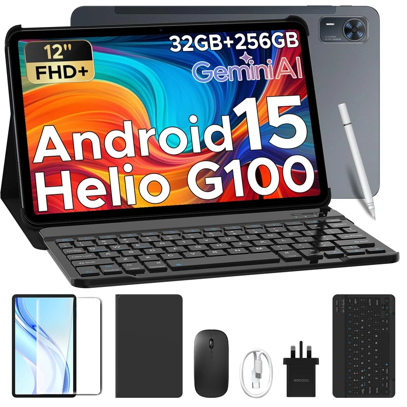 Tab E3+ Tablet with Keyboard, Helio G100 Android Tablets 12 Inch Android, 32GB+256GB/2TB, 2.4K AI Tablets Octa-Core, 90 Hz Tablet With SIM Card Slot, 8800mAh, 7.6mm/Quad Speakers/Face ID