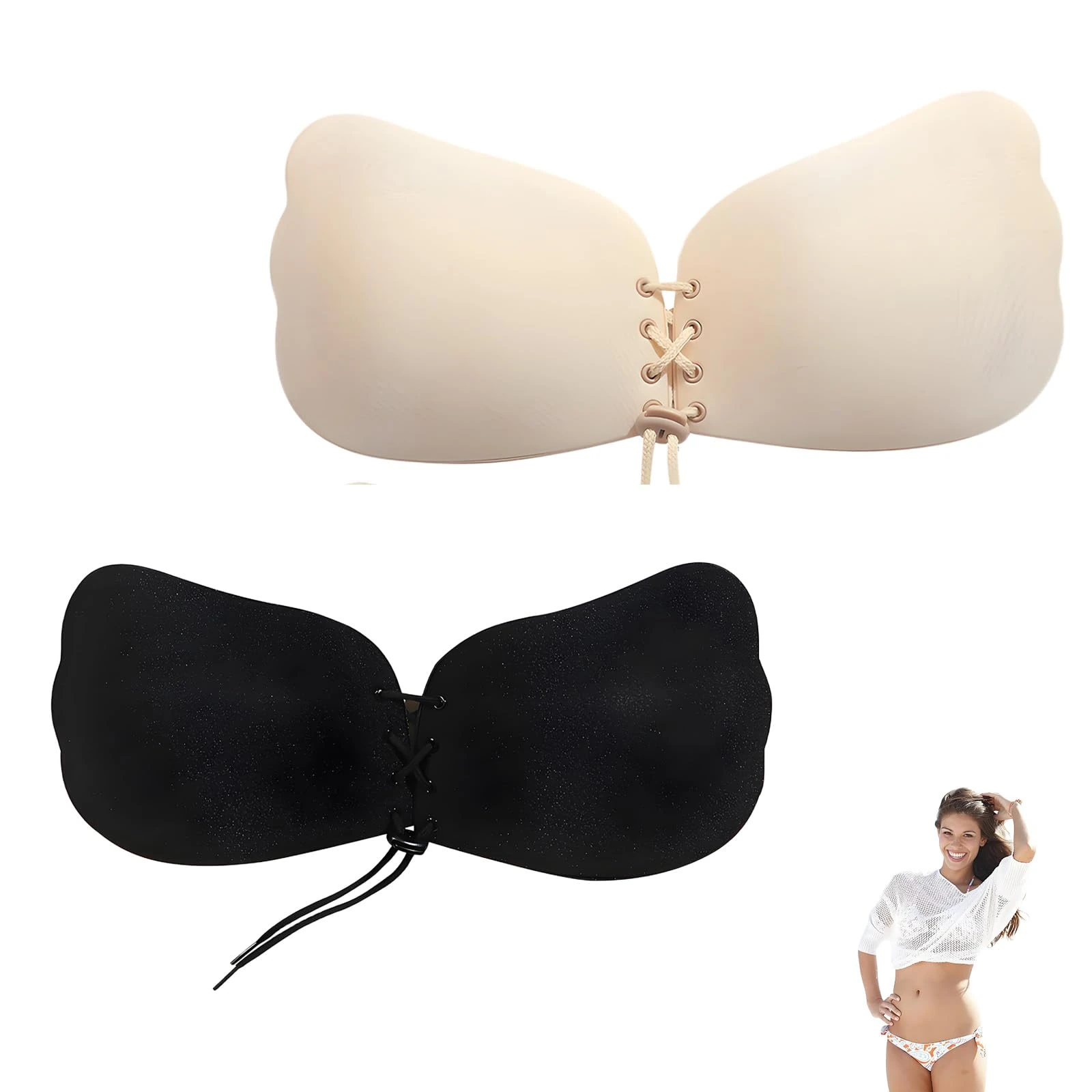 Syylqyr 2 Packs Push Up Bra for Women, Stick on Bra with Drawstring, C Cup Skin Friendly Sticky Silicone Padded for Everyday Wearing Party Wedding (Black & Skin Tone)