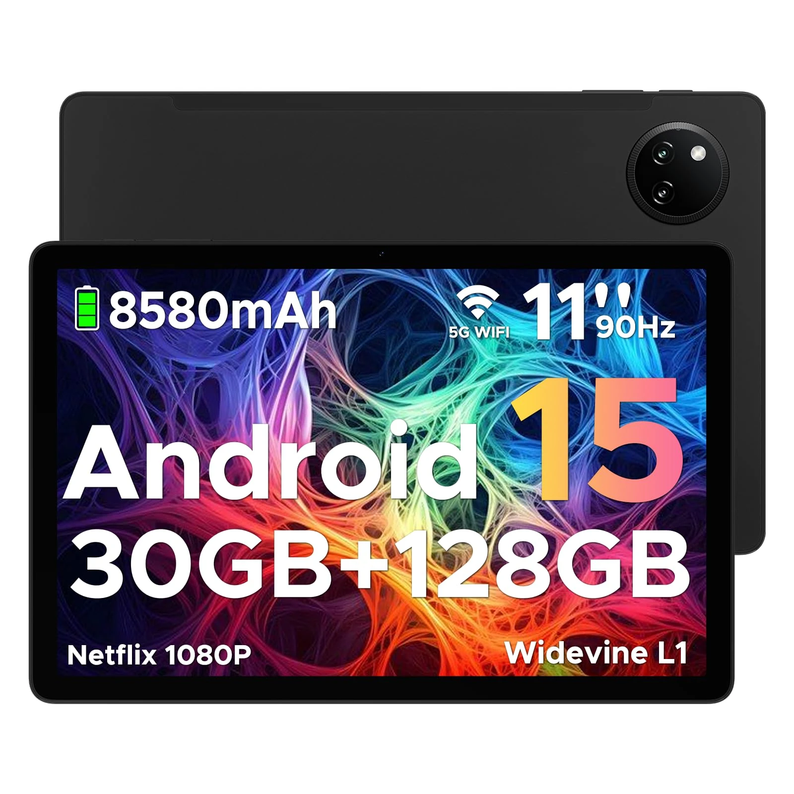 DOOGEE Tab A9 Pro+ Android 15 Tablet, 11 Inch Tablets with 90Hz HD Display, 30GB RAM+128GB ROM/2TB, 8580mAh Tablet, Octa Core, 5G WiFi Android Tablets, Widevine L1, Dual Speaker/Face ID/OTG - BLACK