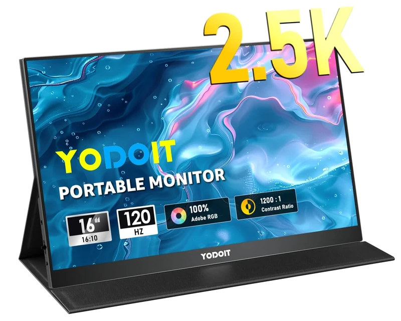 Yodoit Portable Monitor 16" 2.5K QHD 120 Hz Screen IPS 2560x1600 16:10 Display with USB Type C Port and Built-in Speakers with Smart Cover Monitor Compatible with PC, Laptop, MacBook, Xbox