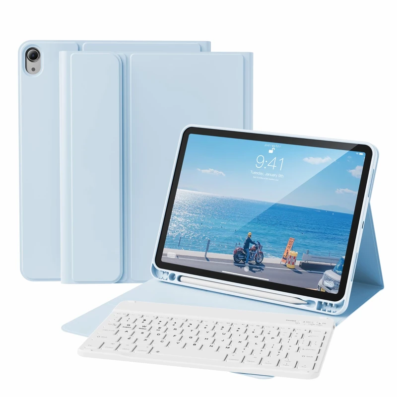 KVTVOU Keyboard Case for iPad Air 11 Inch 2025/2024 (M3/M2, 7th/6th Gen), iPad Air 5th /4th Generation 2022/2020 10.9 Inch, Magnetic Wireless Keyboard, Ultrathin Case with Pencil Holder, White Ice