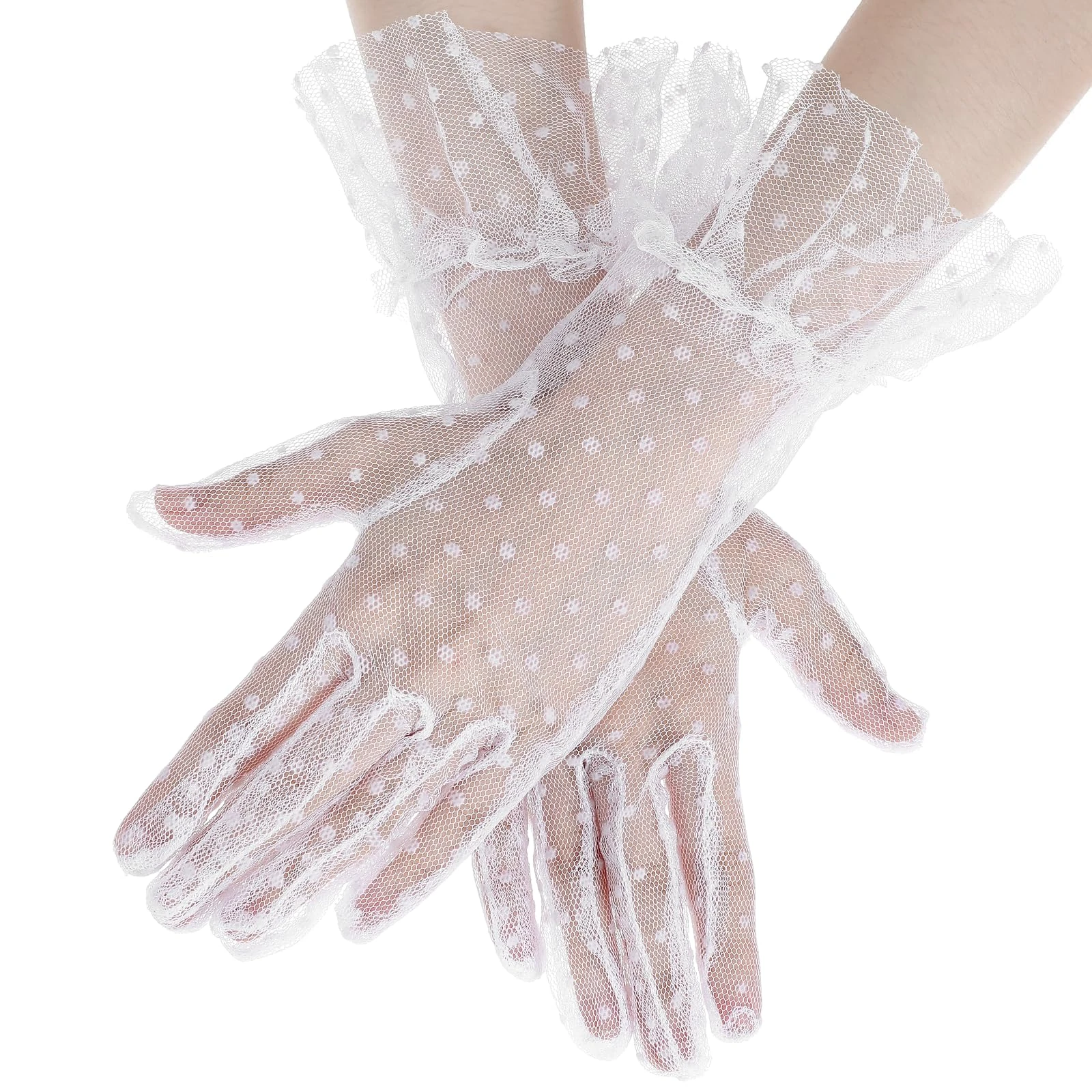 Grevosea White Lace Gloves, Women Short Lace Glove Bridal Gloves for Wedding Tea Party Costume Favors Evening Glove (White)