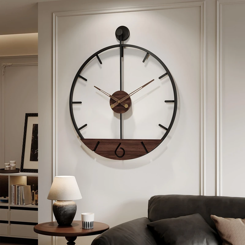 Cuspin 36 Inch Large Wall Clock Modern Black Metal Clock with Walnut Wood Dial, Silent Non-Ticking Oversized Decorative Battery Powered Big Clock for Living Room, Kitchen, Office, Bedroom