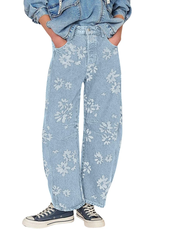 loveimgs Women Y2k Distressed Barrel Jeans Baggy Wide Leg Jeans Floral Printed Boyfriend Patchwork Denim Pants, Light Blue, XXL - Image 1