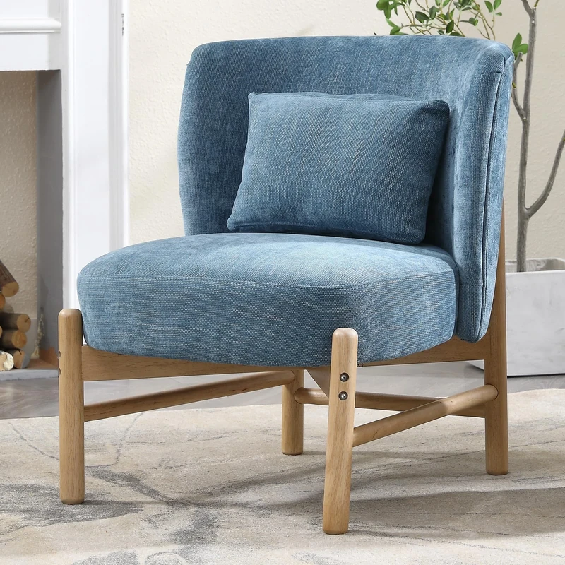 Ya-Home Modern Chenille Accent Chair with Wood Legs, Upholstered Wingback Tub Chair for Living Room/Bedroom, Blue