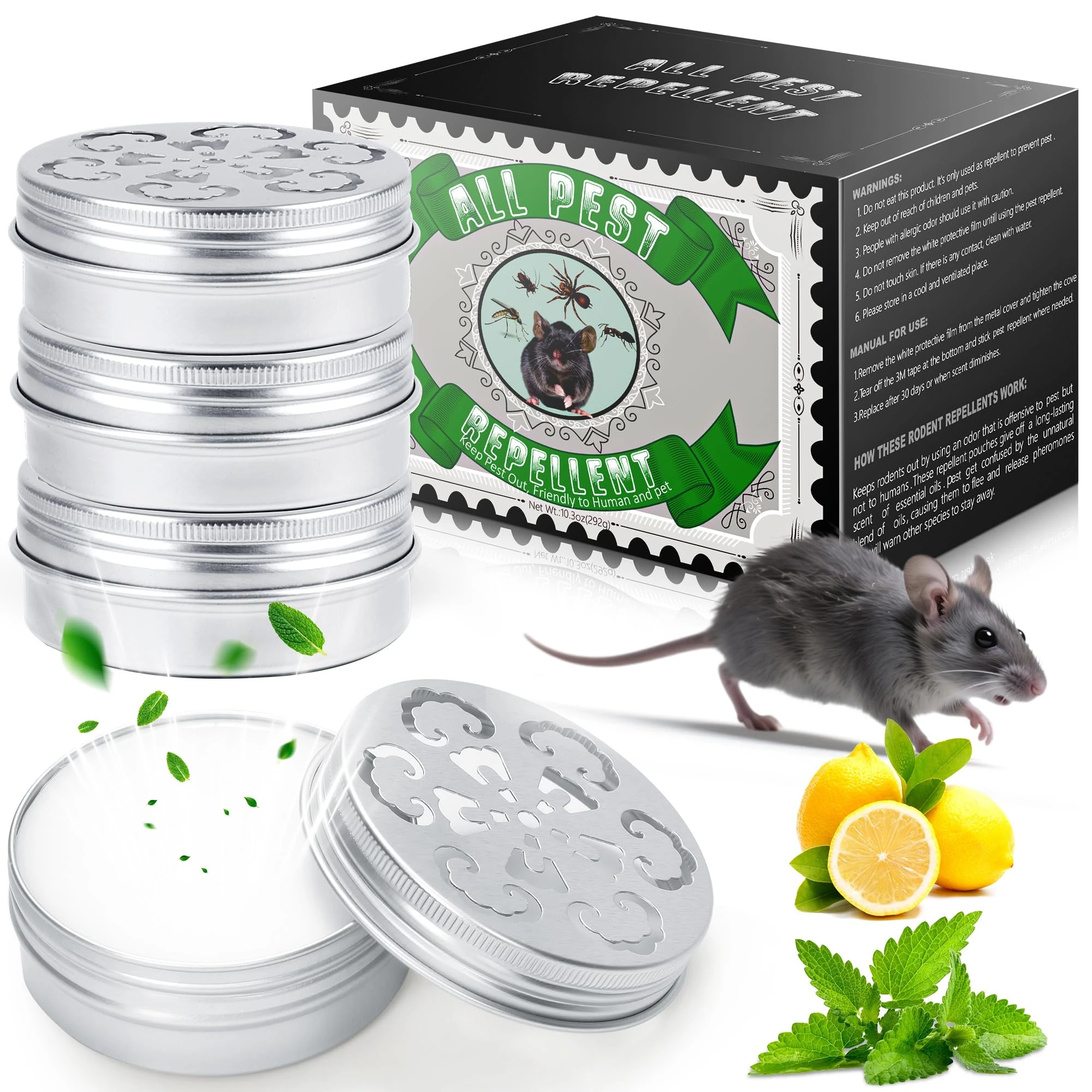 4 Pcs Mouse Repellent - Peppermint Oil Mice Deterrent Tin Indoor Outdoor, Natural Rodent Repellent More Humane Than Rat Trap for Mice Squirrel Wasp Mosquitoes