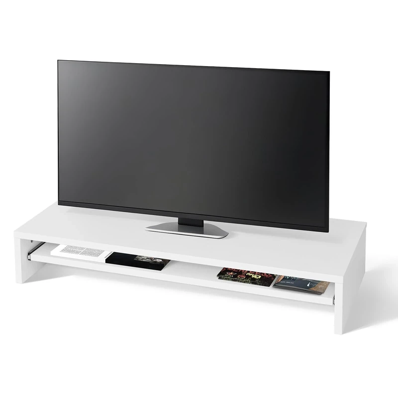 Awhtixbo TV attachment with raiser, PC shelf attachment, screen raiser, high gloss, ideal for TV raisers and desk organisation, white: 85 x 30 x 15 cm