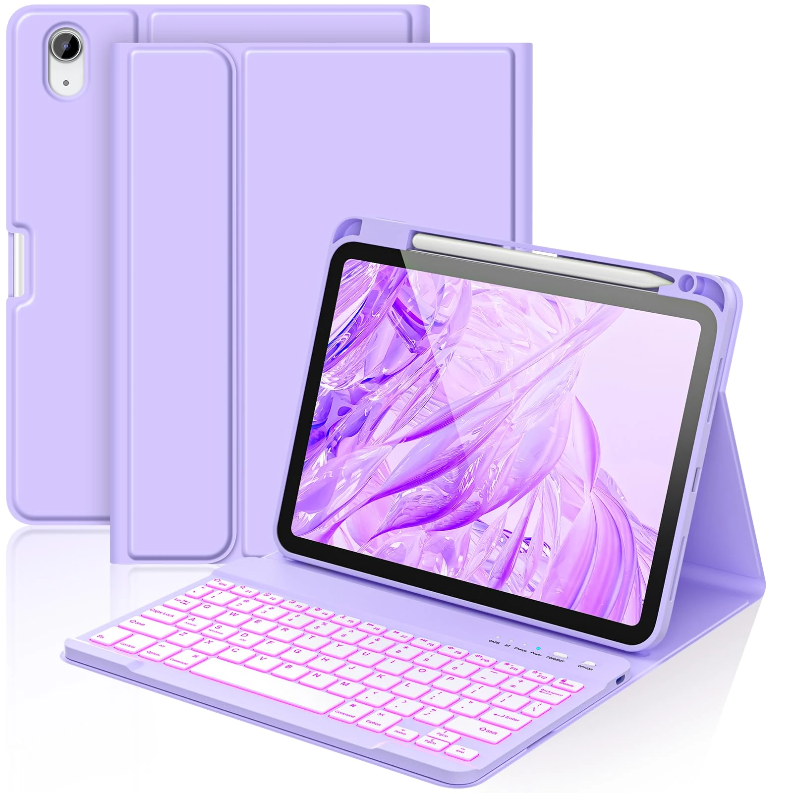 aMZCaSE for iPad A16 11th Generation 2025/10th Keyboard Case with 2022(10.9/11 Inch),7 Colors Backlight Detachable Folio Keyboard Cover,UK Layout with Pen Holder for iPad 10/11 Gen (Pale Purple)