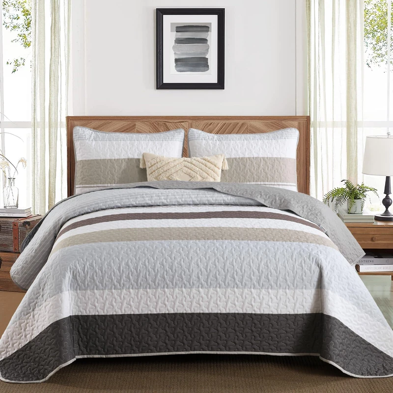 Dinjoy Boho Quilt Set Full Size,3 Pieces Grey Striped Bedspreads,Soft Microfiber Quilted Quilts Bedding Set with 2 Pillow Shams Lightweight Coverlet 78"x90" for Summer Fall Bed