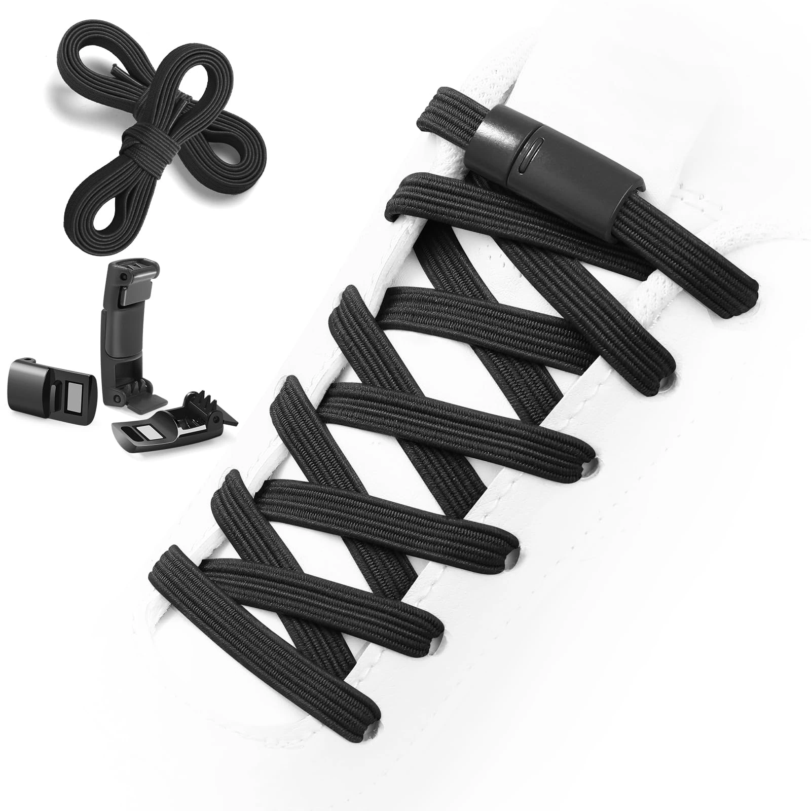 Elastic No Tie Flat Shoe Laces for Sneakers, Tieless Shoelaces for Adults, Stretch Shoes Strings, Black, 47inch