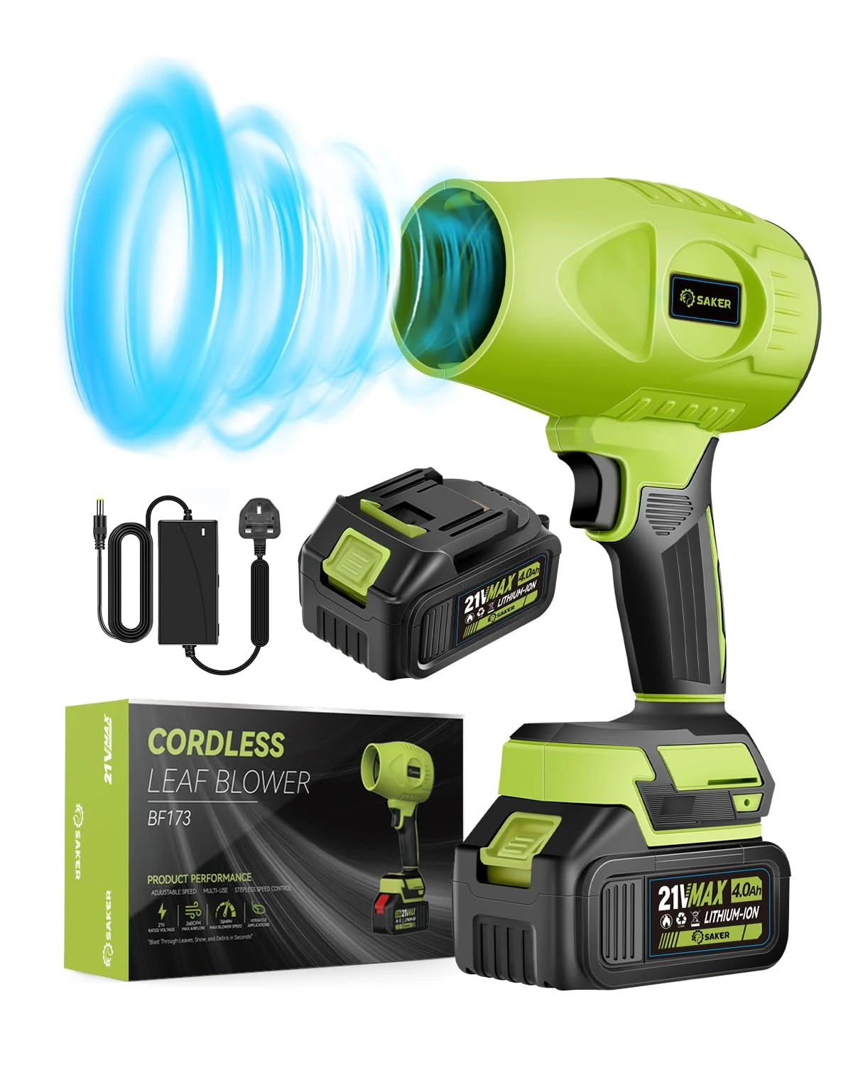 Saker Cordless Leaf Blower Portable Dust Cleaner Handheld Blowers 180000 RPM with Adjustable Speed for Drying Patio Cleaning Camping 2 Batteries Green